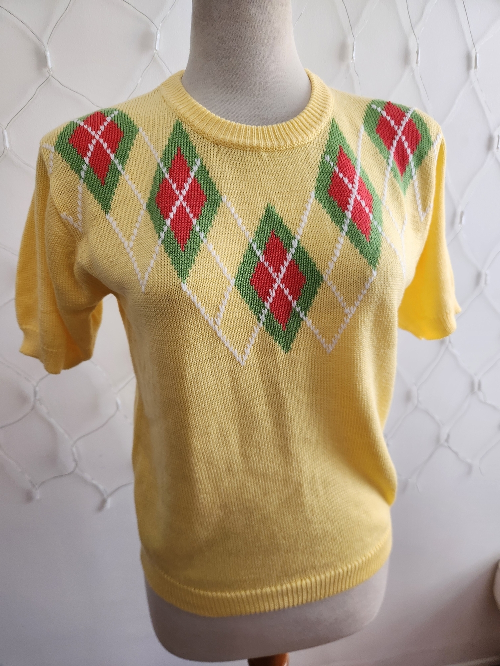 Vintage Jaclyn Smith Yellow Argyle Sweater Top • Academia • Size Large